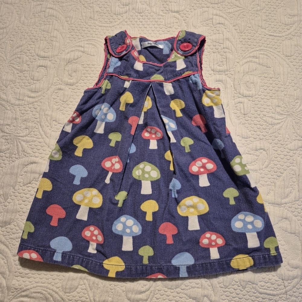 Baby Boden girls blue corduroy with mushroom design pinnie VGUC 2011